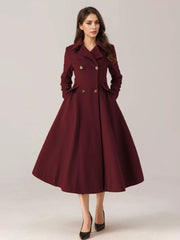 Flared Blend Turndown Collar Double Waist Elegant And Vintage Coat