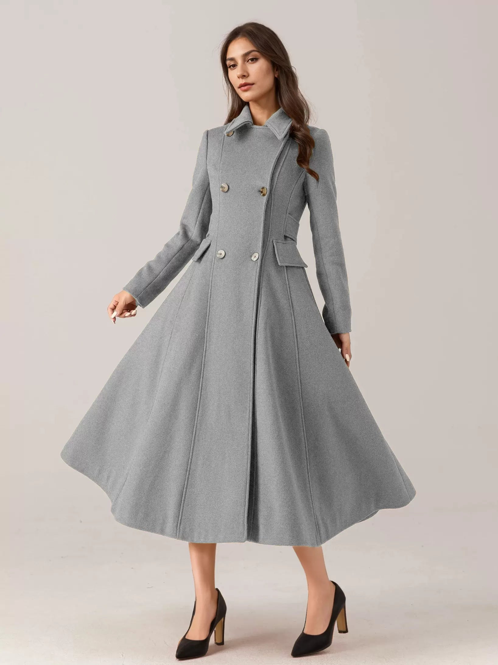Flared Blend Turndown Collar Double Waist Elegant And Vintage Coat