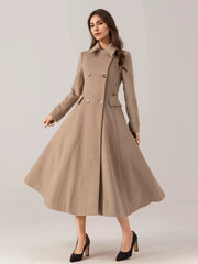 Flared Blend Turndown Collar Double Waist Elegant And Vintage Coat