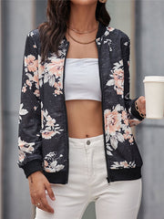 Floral Printed Stretch Zipper Casual Field Jacket
