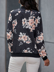 Floral Printed Stretch Zipper Casual Field Jacket