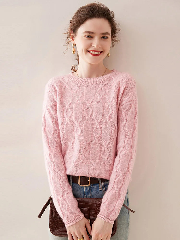 Casual O-neck Pullover Thick Soft Warm Twist Knitwear High Quality Cashmere Sweater