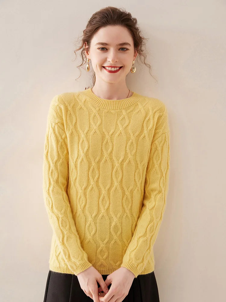 Casual O-neck Pullover Thick Soft Warm Twist Knitwear High Quality Cashmere Sweater