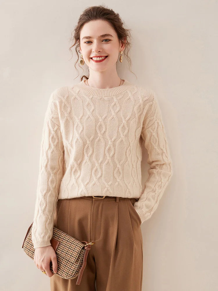 Casual O-neck Pullover Thick Soft Warm Twist Knitwear High Quality Cashmere Sweater