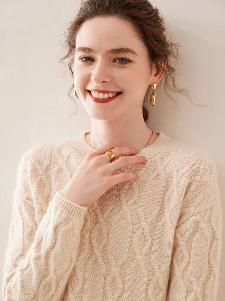Casual O-neck Pullover Thick Soft Warm Twist Knitwear High Quality Cashmere Sweater