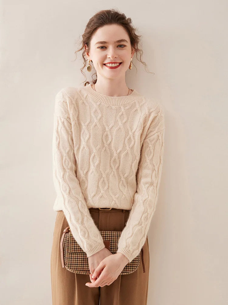 Casual O-neck Pullover Thick Soft Warm Twist Knitwear High Quality Cashmere Sweater