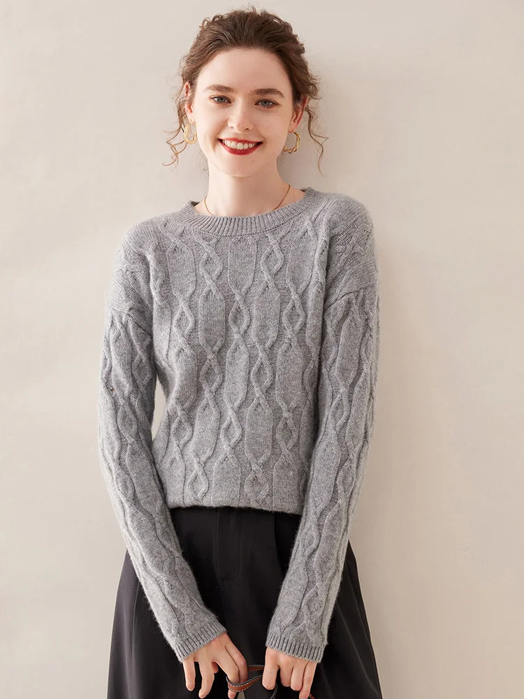Casual O-neck Pullover Thick Soft Warm Twist Knitwear High Quality Cashmere Sweater