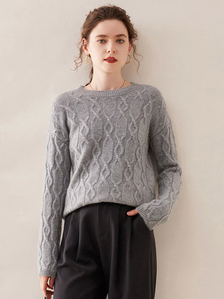 Casual O-neck Pullover Thick Soft Warm Twist Knitwear High Quality Cashmere Sweater