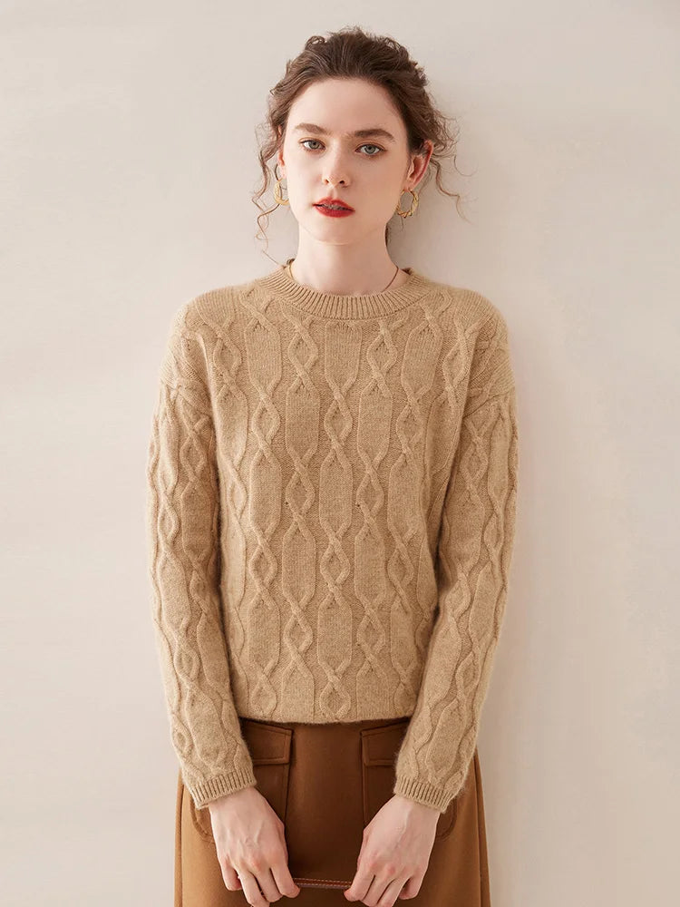 Casual O-neck Pullover Thick Soft Warm Twist Knitwear High Quality Cashmere Sweater