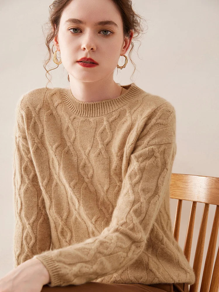 Casual O-neck Pullover Thick Soft Warm Twist Knitwear High Quality Cashmere Sweater