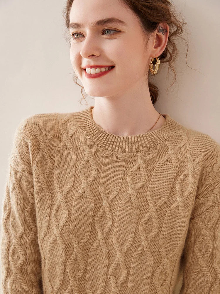 Casual O-neck Pullover Thick Soft Warm Twist Knitwear High Quality Cashmere Sweater