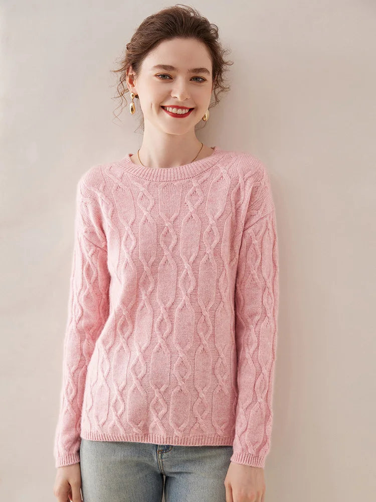 Casual O-neck Pullover Thick Soft Warm Twist Knitwear High Quality Cashmere Sweater