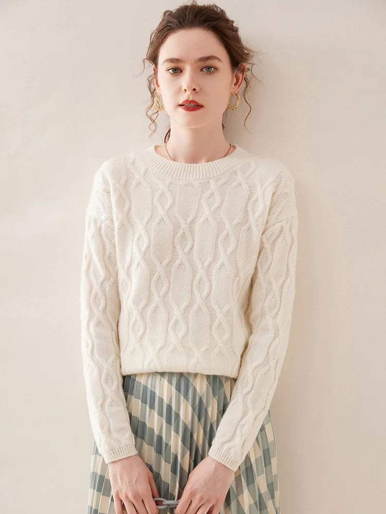 Casual O-neck Pullover Thick Soft Warm Twist Knitwear High Quality Cashmere Sweater
