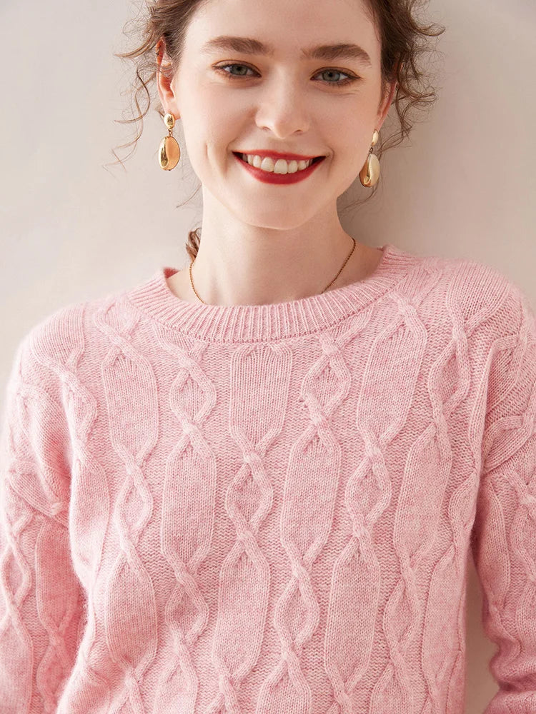 Casual O-neck Pullover Thick Soft Warm Twist Knitwear High Quality Cashmere Sweater
