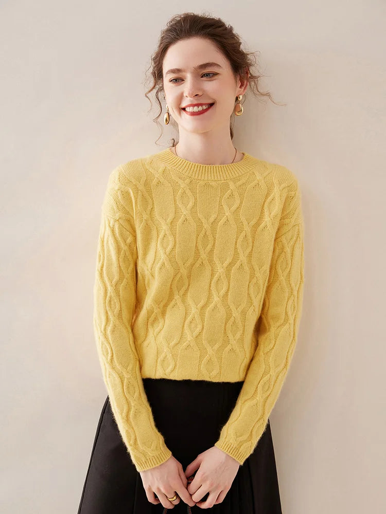 Casual O-neck Pullover Thick Soft Warm Twist Knitwear High Quality Cashmere Sweater