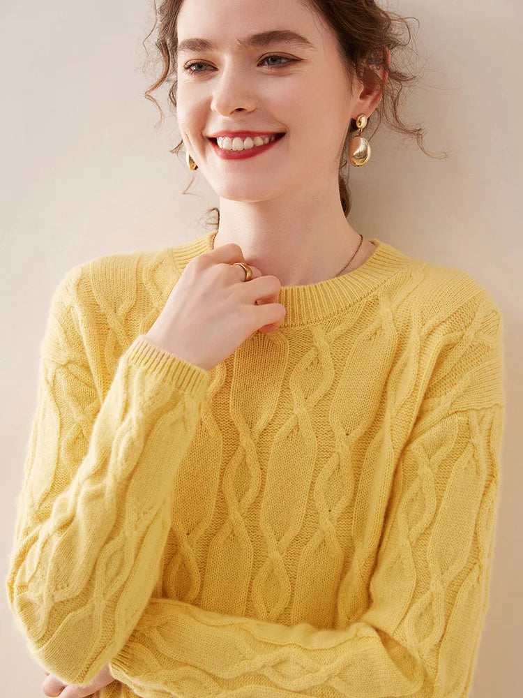 Casual O-neck Pullover Thick Soft Warm Twist Knitwear High Quality Cashmere Sweater