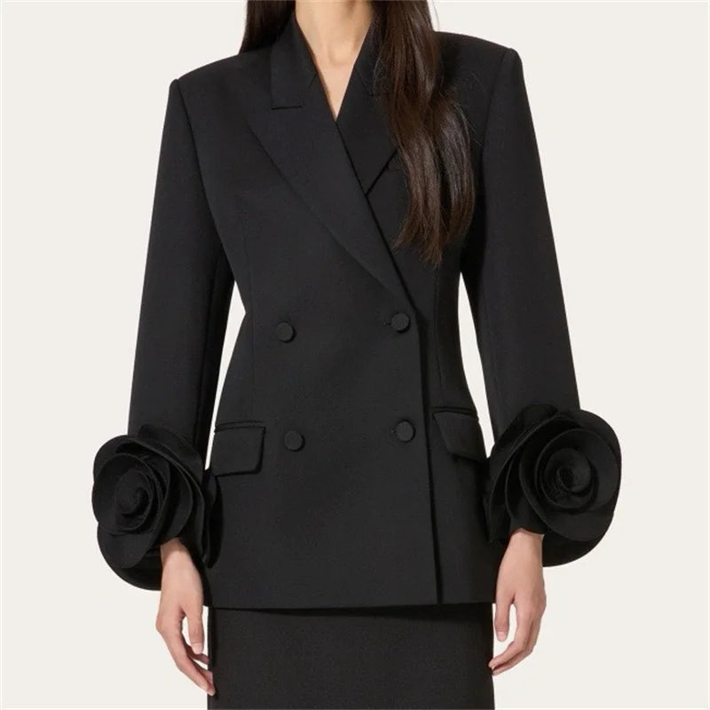 Flower decoration Cotton long sleeved Double breasted slim blazer