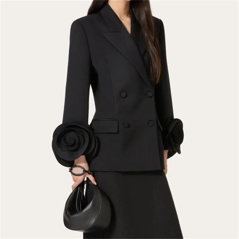 Flower decoration Cotton long sleeved Double breasted slim blazer
