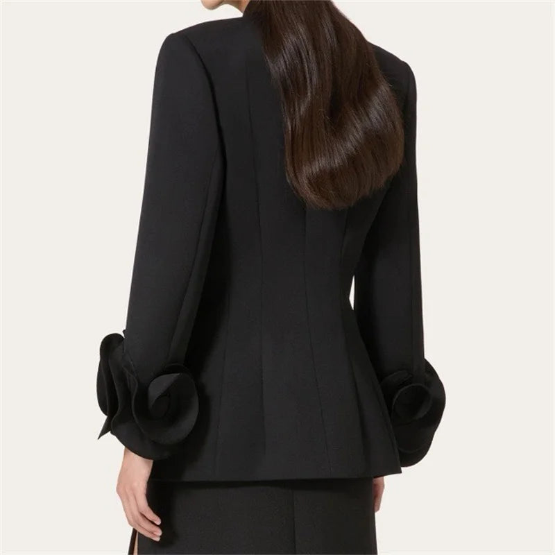 Flower decoration Cotton long sleeved Double breasted slim blazer