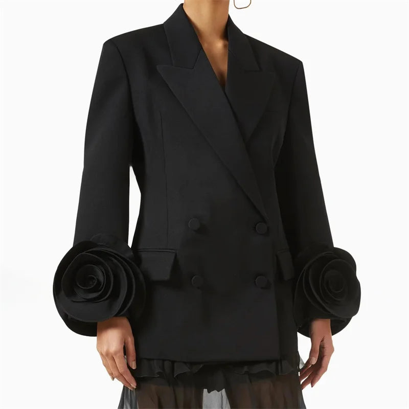 Flower decoration Cotton long sleeved Double breasted slim blazer