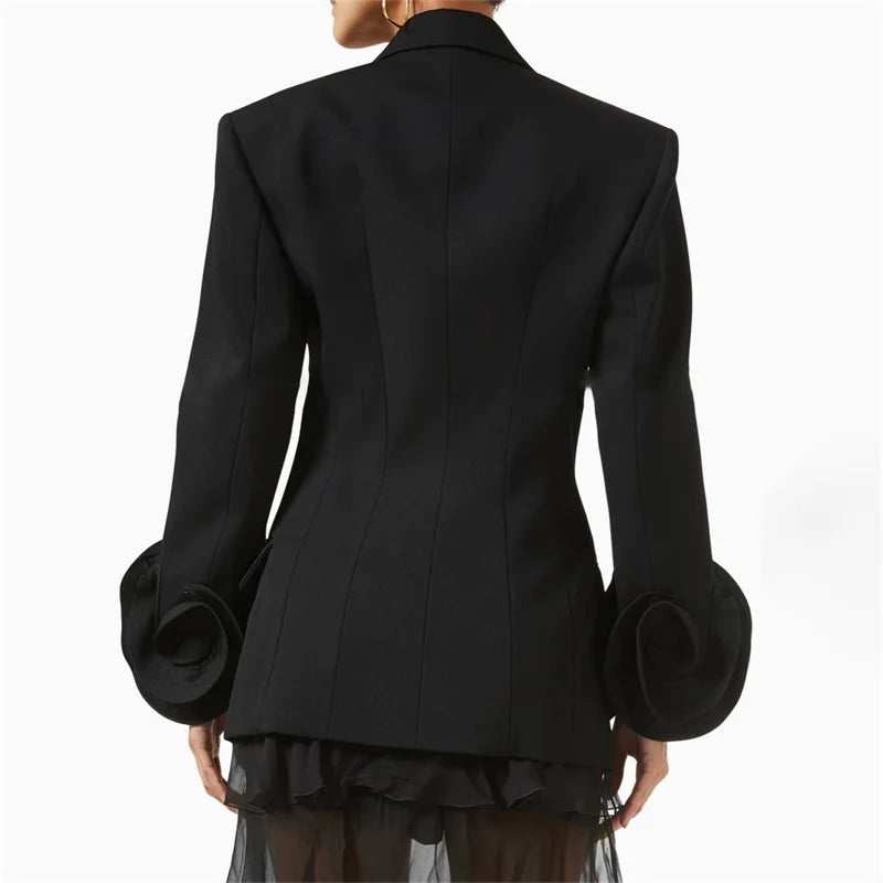 Flower decoration Cotton long sleeved Double breasted slim blazer