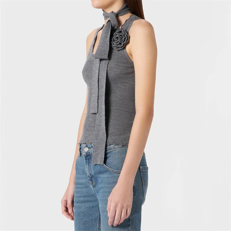 Flower decoration High quality wool blend sleeveless Elastic slim knitwear sweater