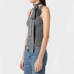 Flower decoration High quality wool blend sleeveless Elastic slim knitwear sweater