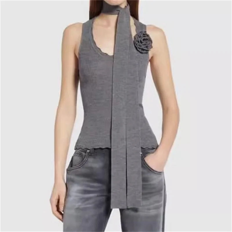 Flower decoration High quality wool blend sleeveless Elastic slim knitwear sweater