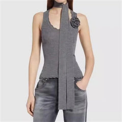 Flower decoration High quality wool blend sleeveless Elastic slim knitwear sweater