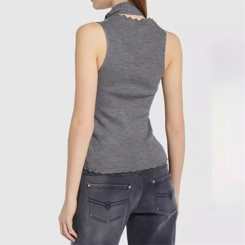 Flower decoration High quality wool blend sleeveless Elastic slim knitwear sweater