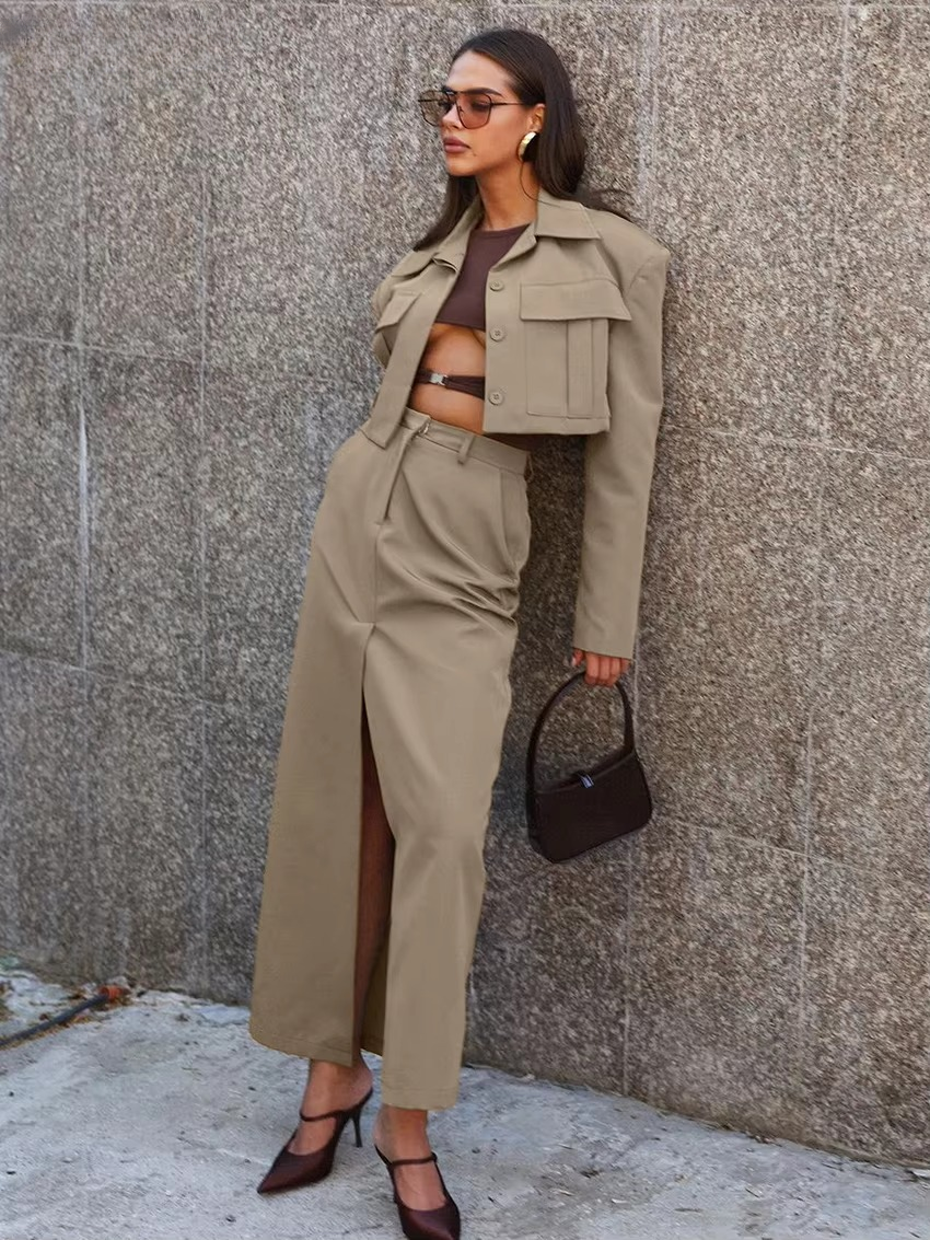 Formal Crop Top With High Waist Slit Long Skirt 2 Piece Set