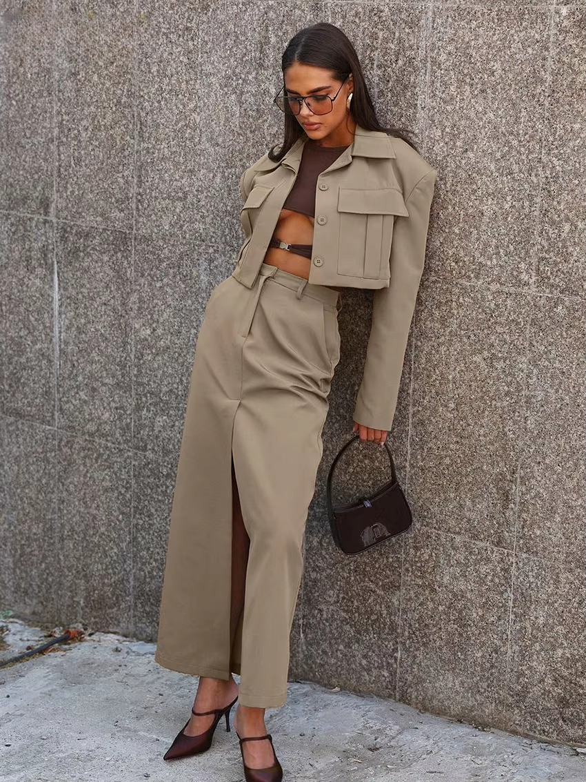 Formal Crop Top With High Waist Slit Long Skirt 2 Piece Set
