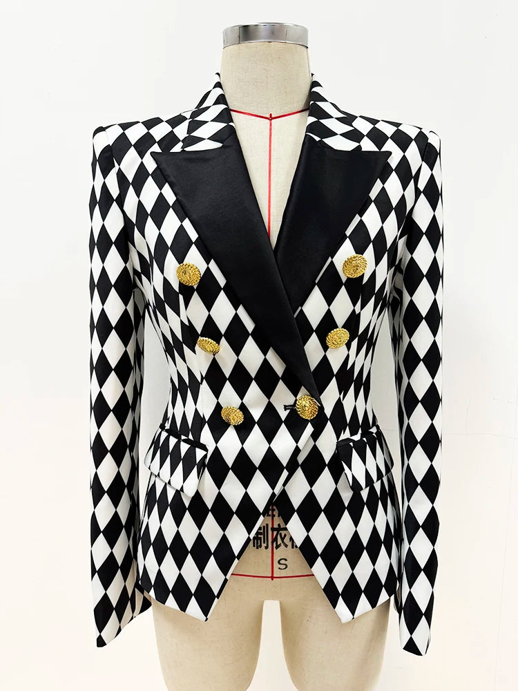 Formal Double Breasted Diamonds Printed Slim Fitting Blazer Designer Jacket