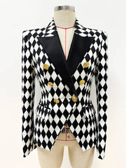 Formal Double Breasted Diamonds Printed Slim Fitting Blazer Designer Jacket