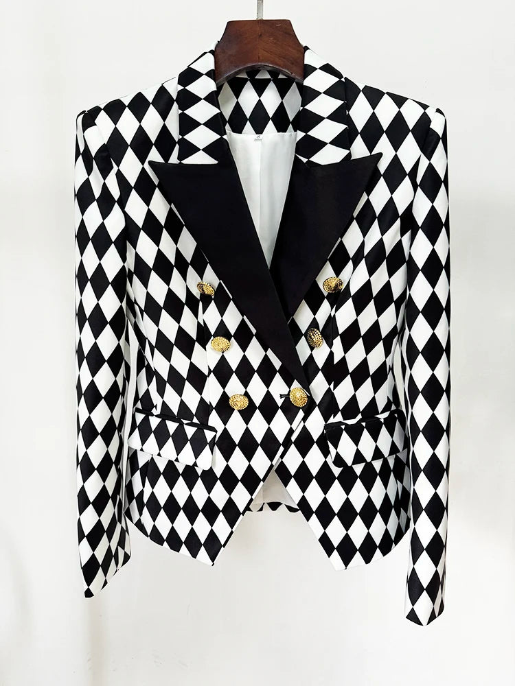 Formal Double Breasted Diamonds Printed Slim Fitting Blazer Designer Jacket