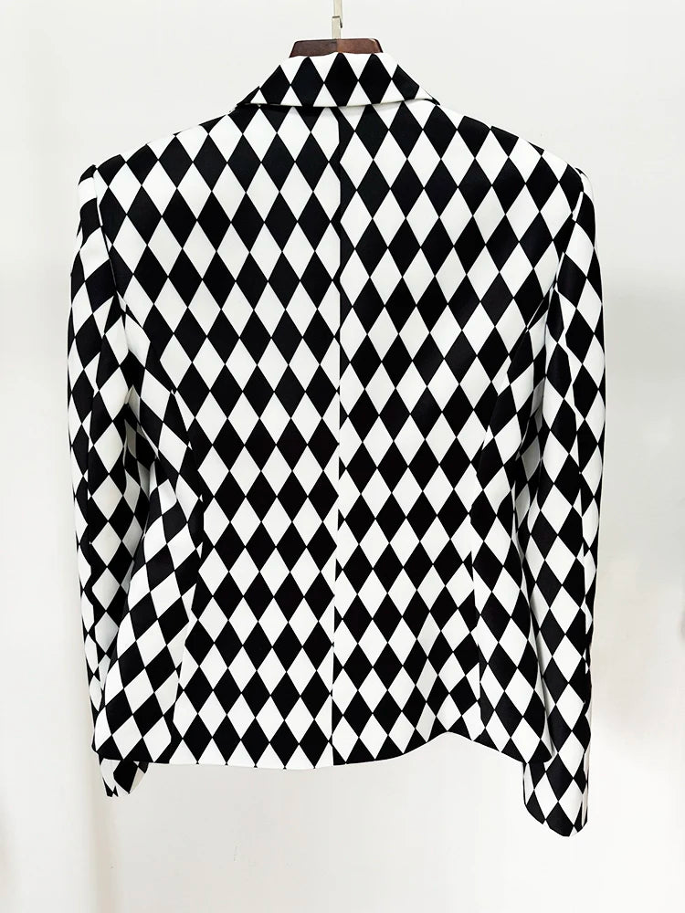 Formal Double Breasted Diamonds Printed Slim Fitting Blazer Designer Jacket