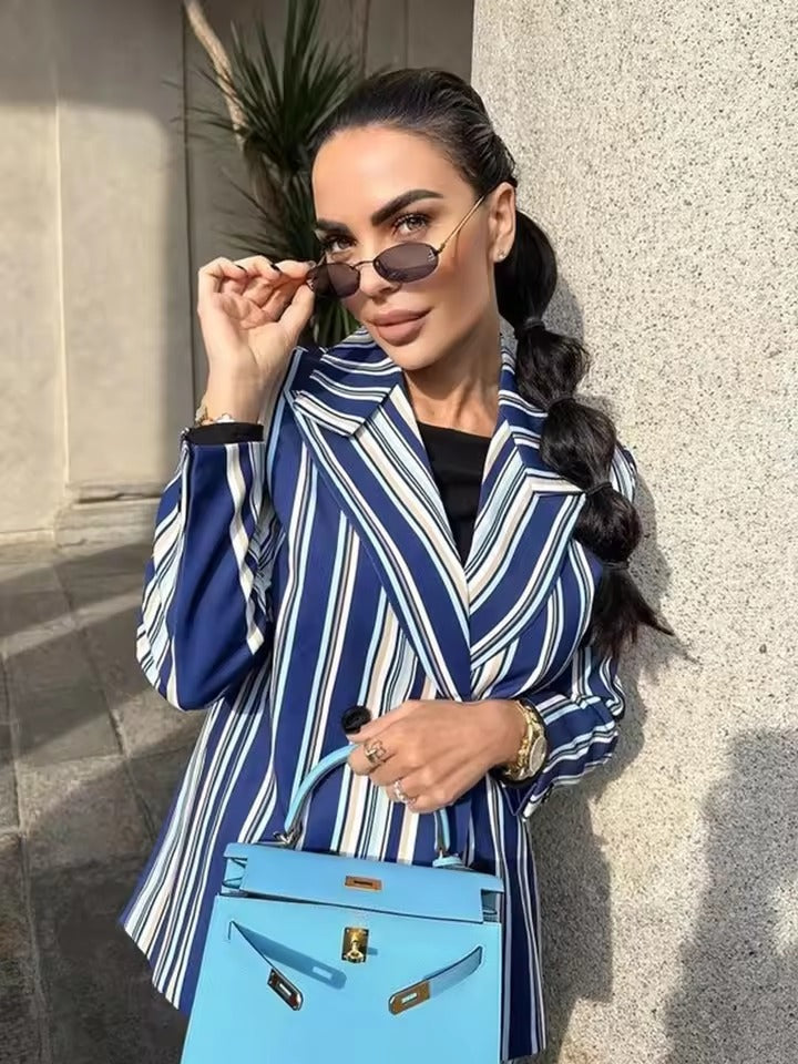 Formal Double-Breasted Stripe Blazer And Pants Two Piece Set