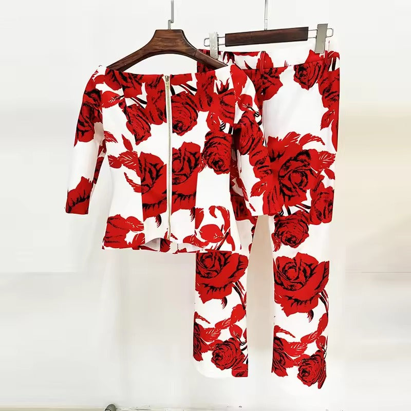 Formal Flower Blazer And Ankle-Length Pants 2 Piece Set
