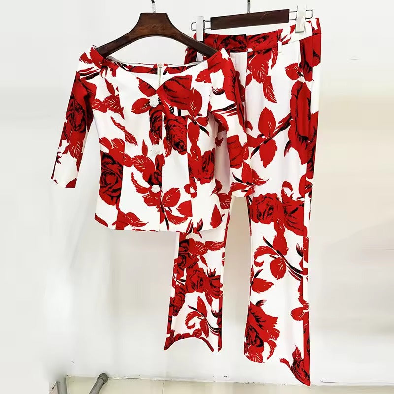 Formal Flower Blazer And Ankle-Length Pants 2 Piece Set