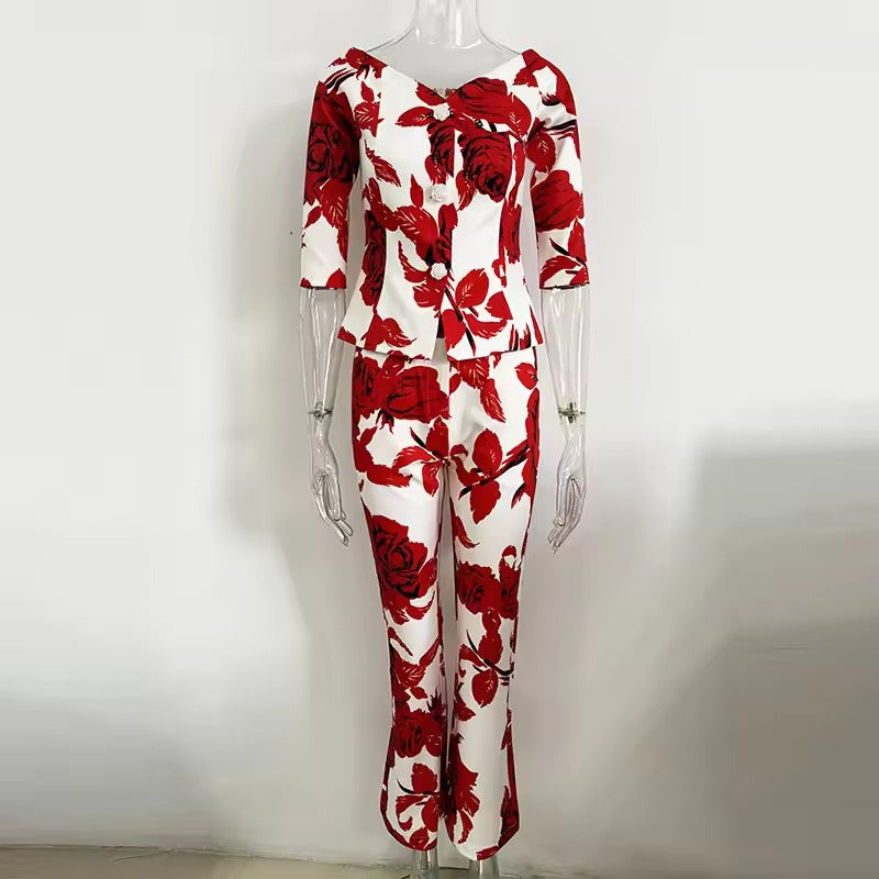 Formal Flower Blazer And Ankle-Length Pants 2 Piece Set