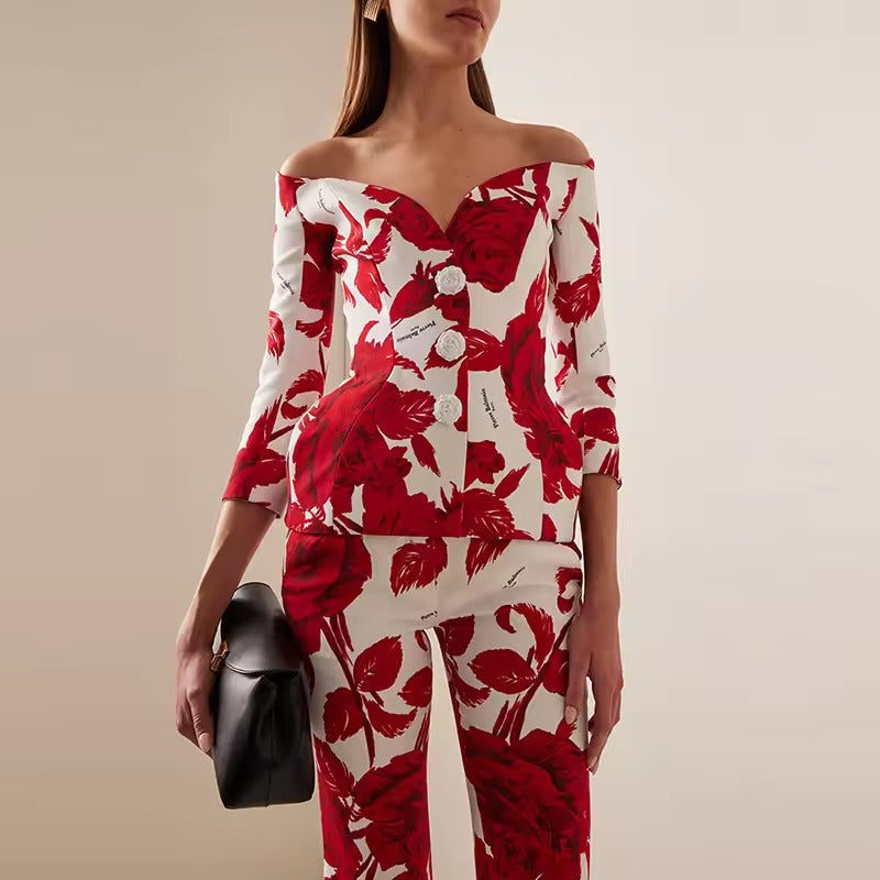 Formal Flower Blazer And Ankle-Length Pants 2 Piece Set