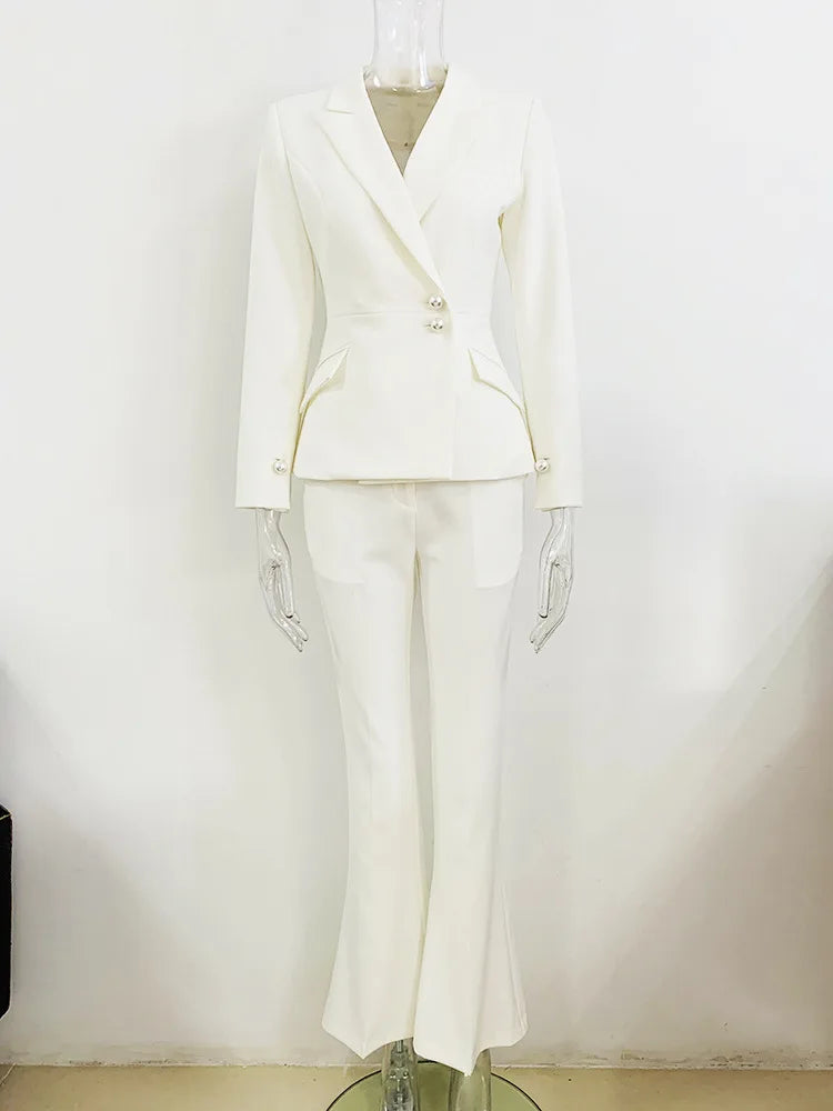 Formal Pearl Button Slim Fit Blazer Flared Pants Designer Suit Set