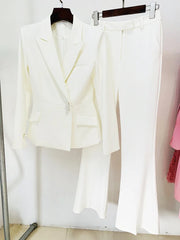 Formal Pearl Button Slim Fit Blazer Flared Pants Designer Suit Set