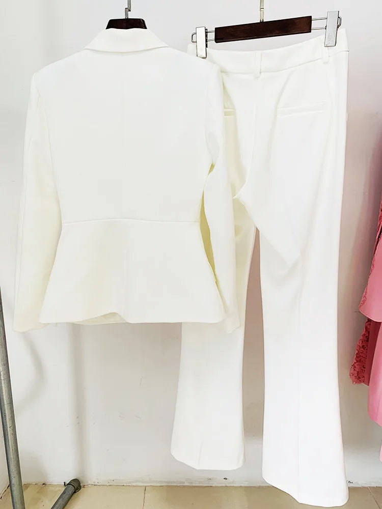 Formal Pearl Button Slim Fit Blazer Flared Pants Designer Suit Set