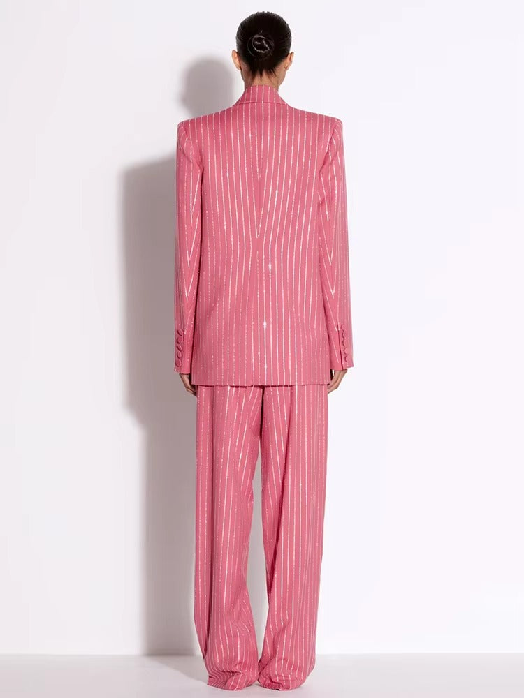 Formal Single Button Striped Diamonds Designer Blazer Pants Suit Set