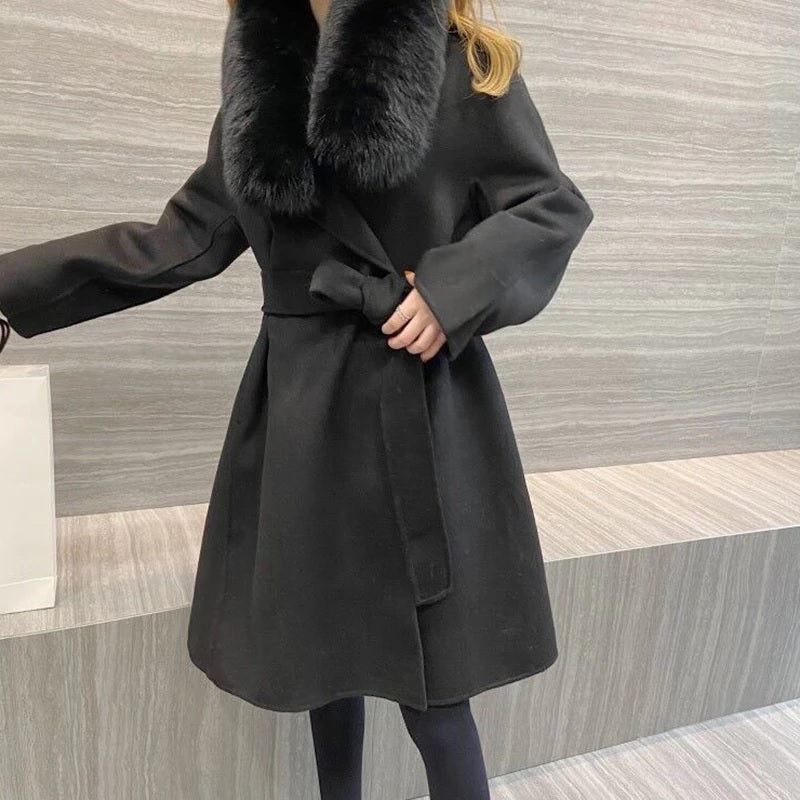 Fox Fur Collar Double-Sided Cashmere Long Coat