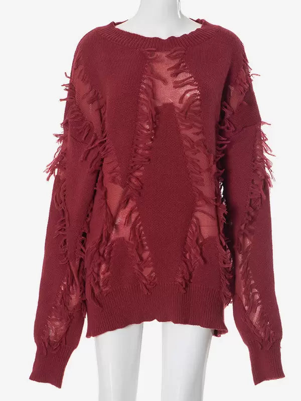 Fringe Jewel Neck Long Sleeve Polyester Pullovers Daily Casual Sweaters