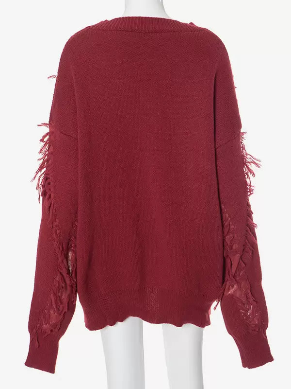 Fringe Jewel Neck Long Sleeve Polyester Pullovers Daily Casual Sweaters