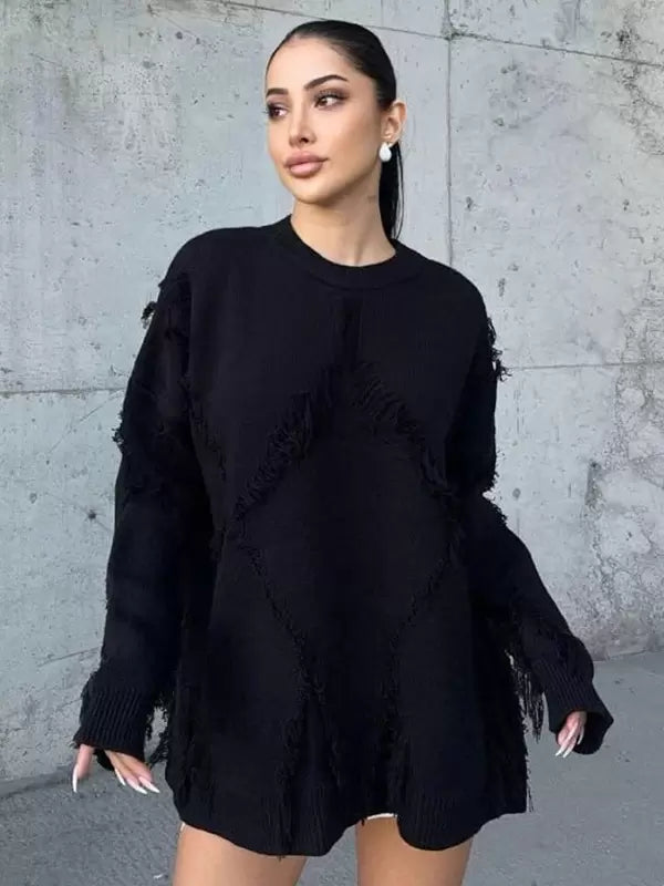 Fringe Jewel Neck Long Sleeve Polyester Pullovers Daily Casual Sweaters