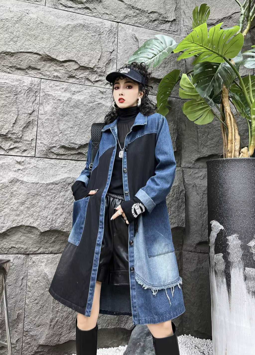 Fringe Patchwork Pleated Windbreaks Casual Loose Trench Midi Coat